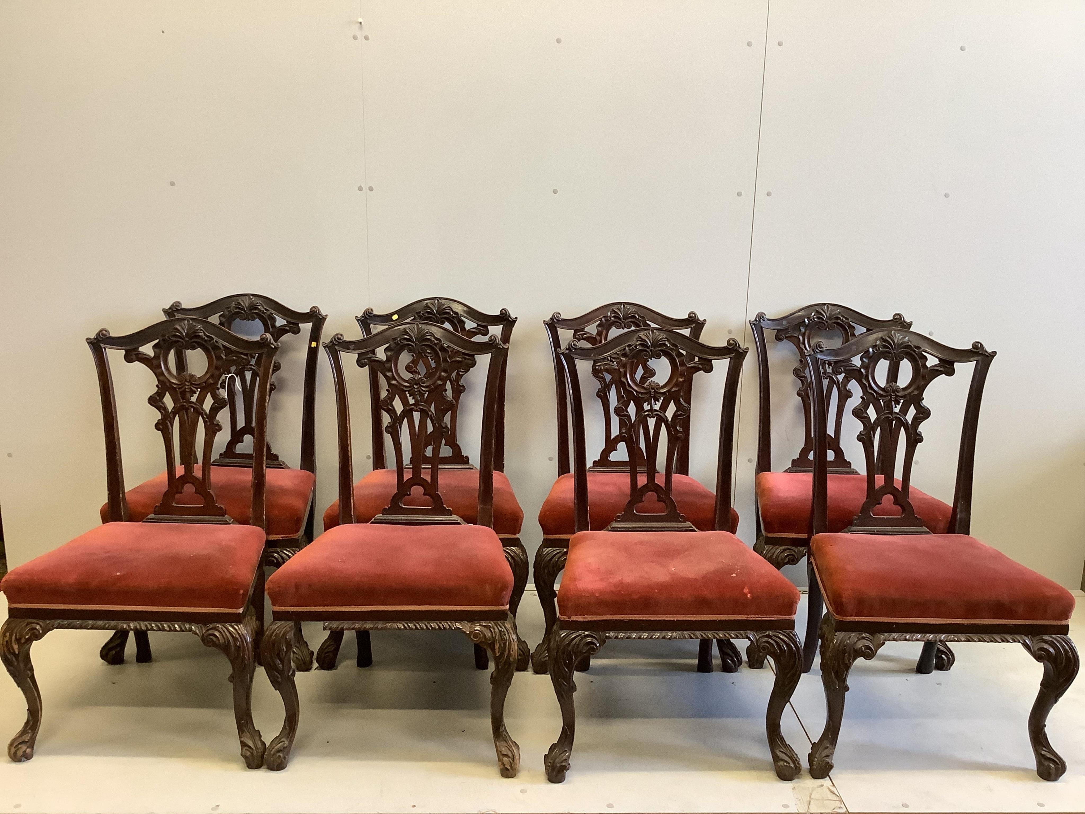 A set of eight Victorian mahogany Chippendale style dining chairs having carved and pierced splats, stuff-over seats on acanthus carved cabriole legs and scroll feet, width 55cm, depth 44cm, height 100cm